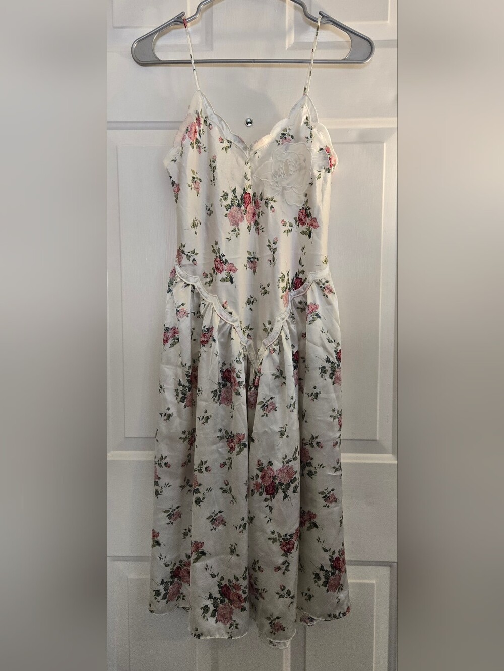 Vintage Victorias Secret Floral White Slip Midi Nightgown with Beading